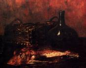 安东尼 沃伦 : A Still Life With A Fish A Bottle And A Wicker Basket